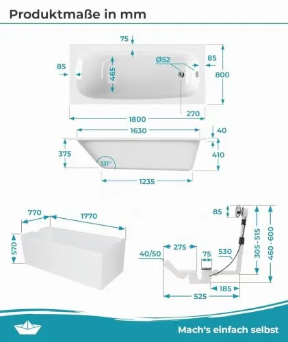 Calmwaters Badewanne 180x80 UC 4