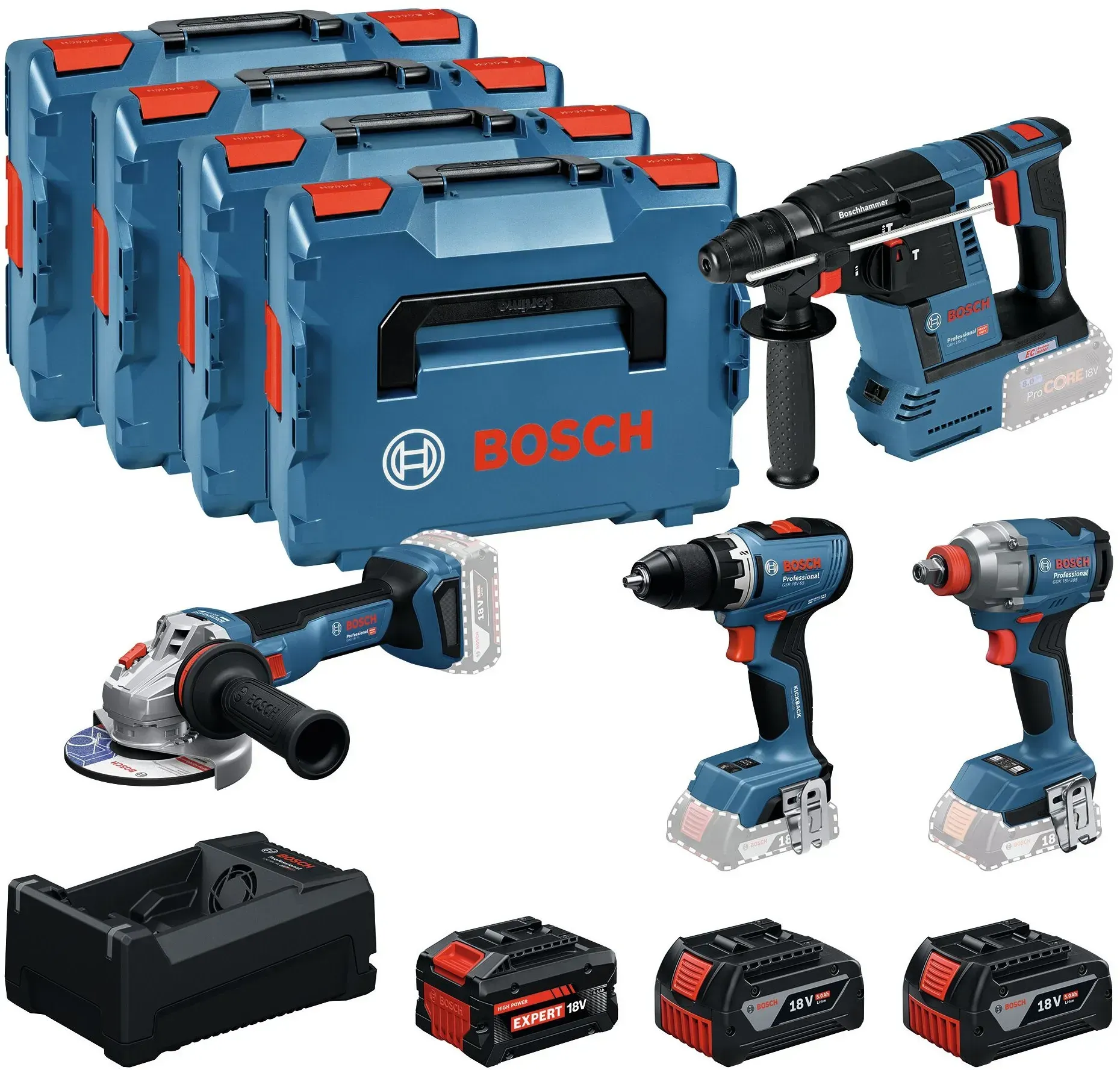 Combo Kit 18V-Set: GSR 18V-65, GDX 18V-285, GBH 18V-26, GWS 18V-11