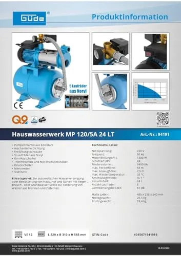 Güde Hauswasserwerk MP 120/5A 24 LT 7